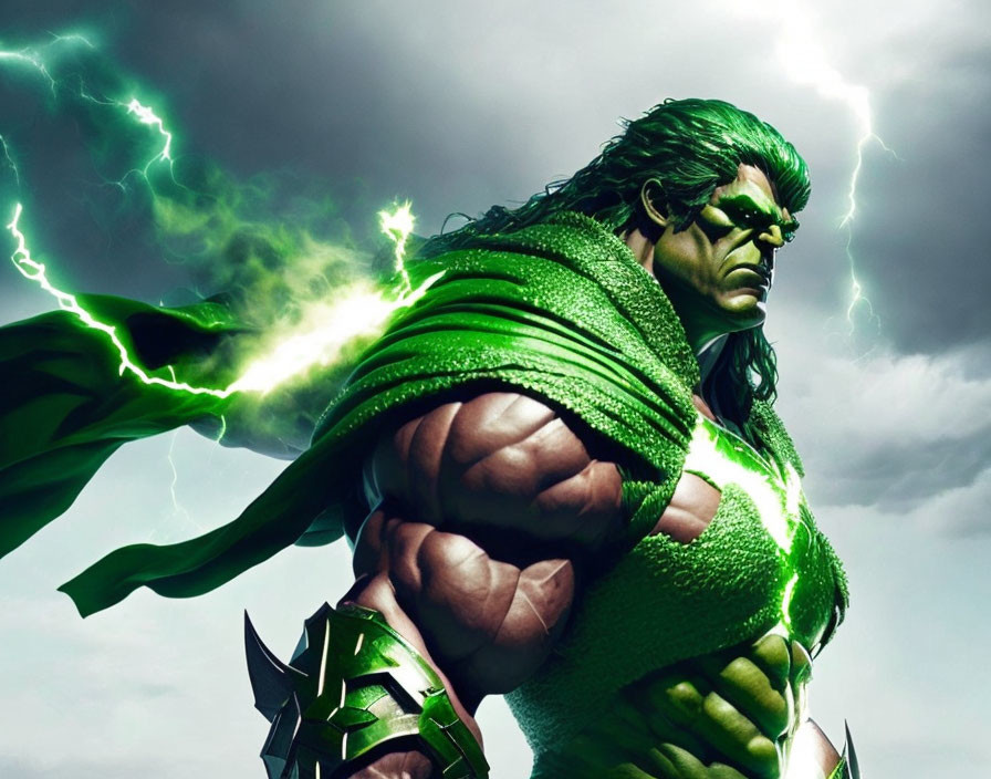 Green-skinned muscular character in armor with crackling energy against stormy sky