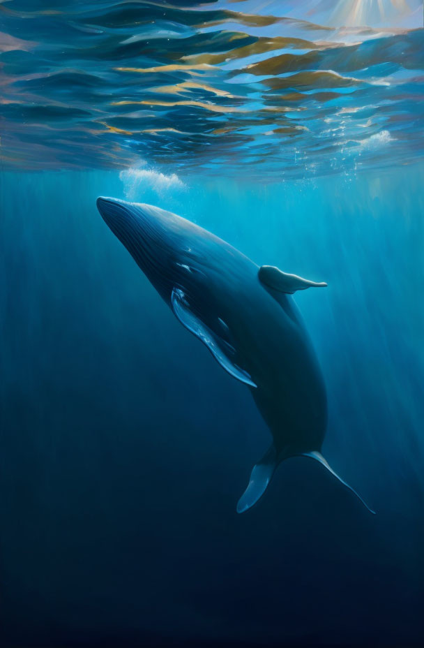 Blue whale swimming underwater in serene sunlight glow