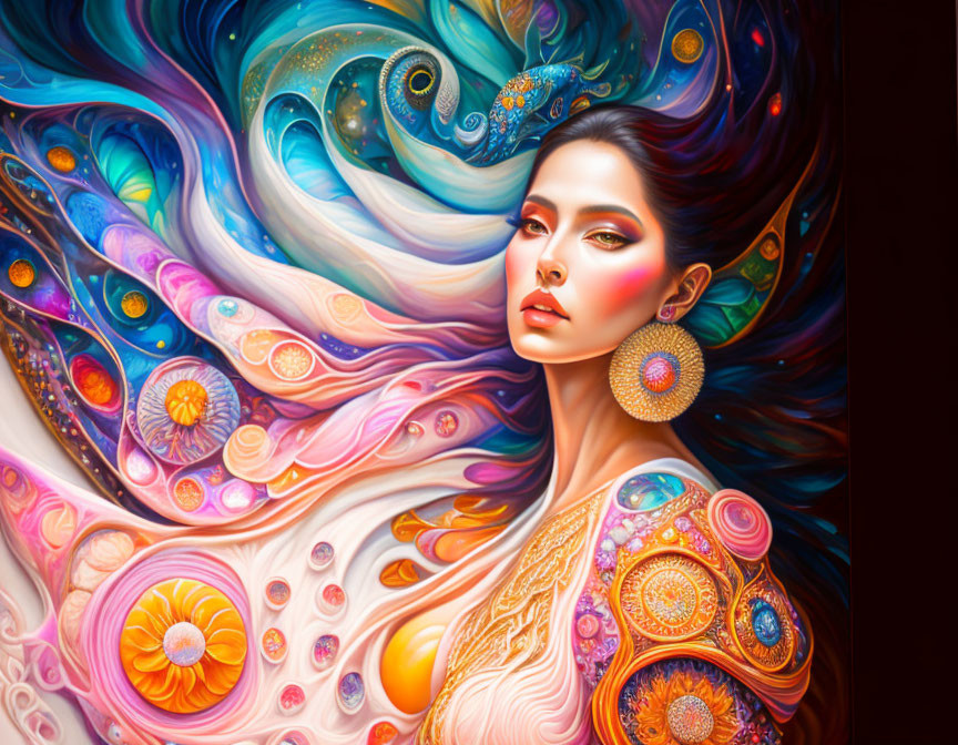 Colorful Abstract Portrait of Woman with Swirling Elements