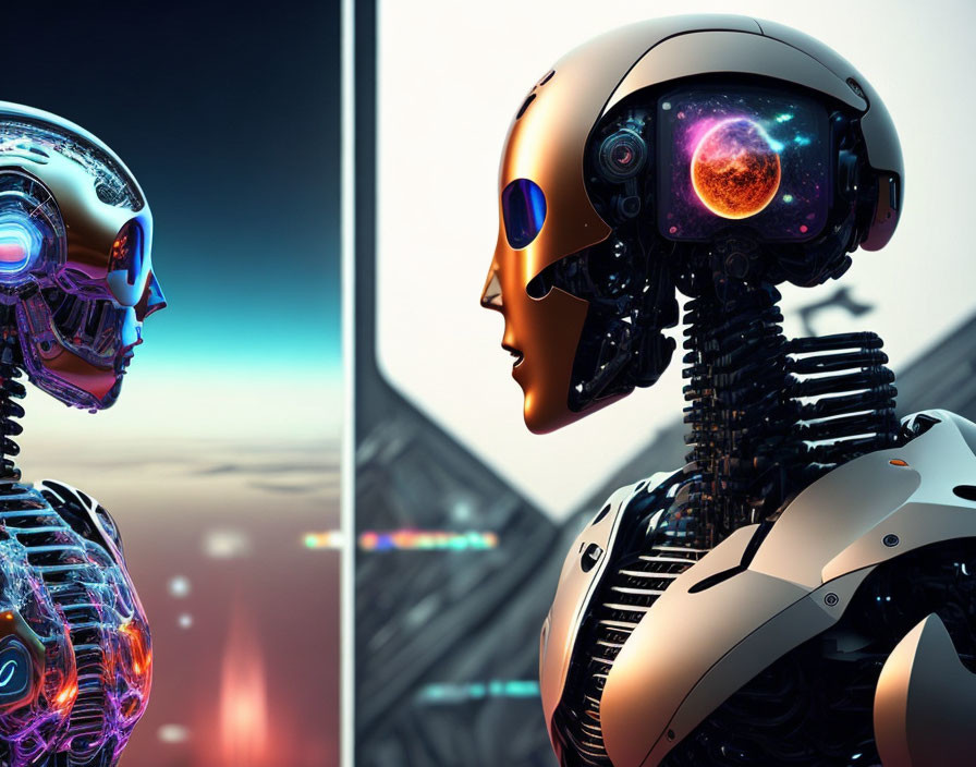 Detailed humanoid robots with intricate head designs in futuristic setting