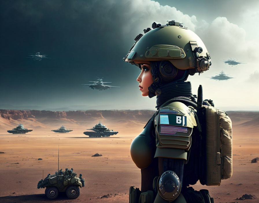 Futuristic soldier in desert landscape with helmet and armor observing flying craft under dramatic sky