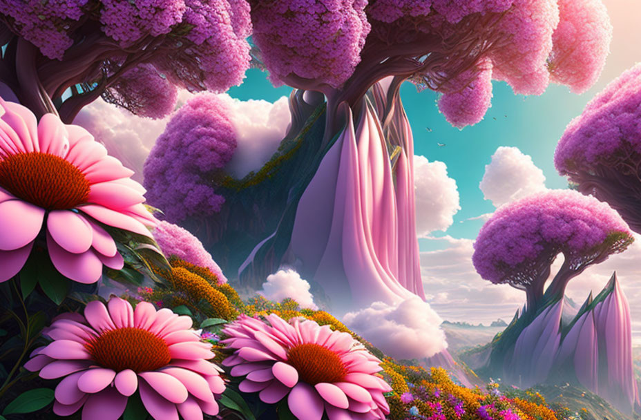 Colorful fantasy landscape with oversized flowers, lush greenery, and whimsical purple trees.