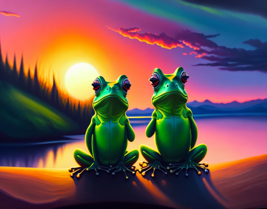 Stylized green frogs at lakeside during sunset