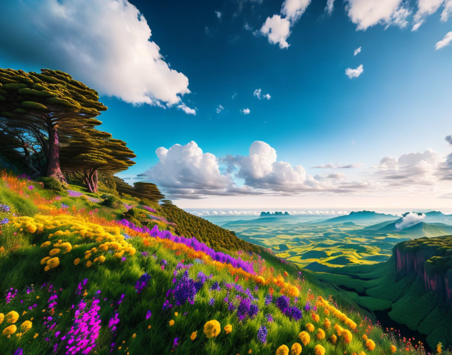 Colorful Flowers and Unique Trees in Vibrant Hillside Landscape