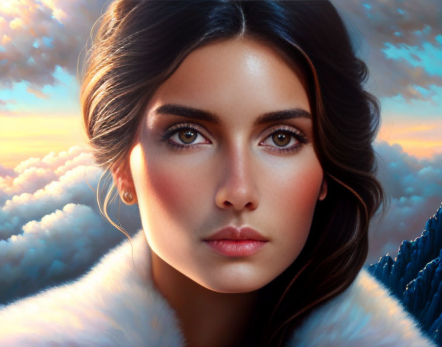 Digital portrait of woman with deep brown eyes and dark hair against golden clouds and blue sky