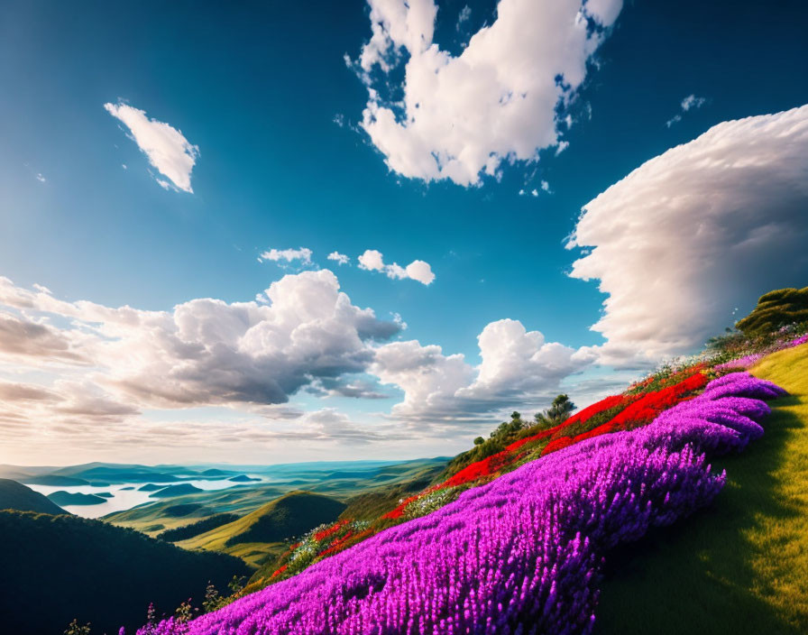 Scenic landscape with purple flowers on hillside and winding river in valley