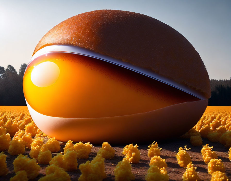 Giant burger with glowing egg patty in surreal landscape