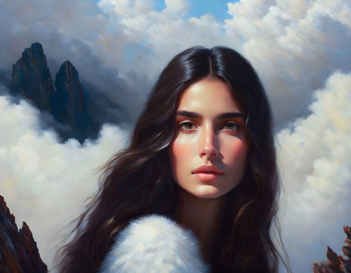 Portrait of woman with long brown hair in cloud-filled mountain landscape