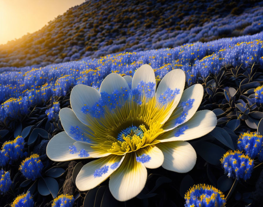 Prominent White and Yellow Flower in Field of Blue Flowers