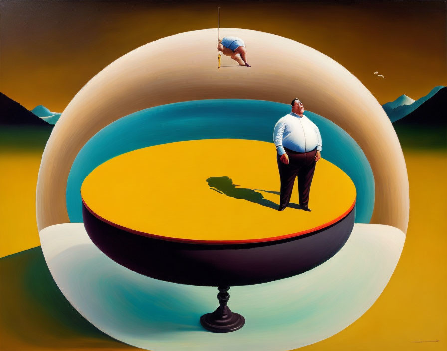 Surreal painting: Man on floating island, yellow sky, falling figure, yin-yang