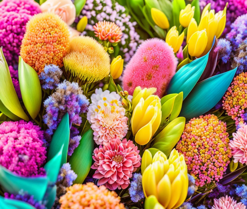 Colorful Bouquet Featuring Yellow Tulips and Pink/Purple Blooms