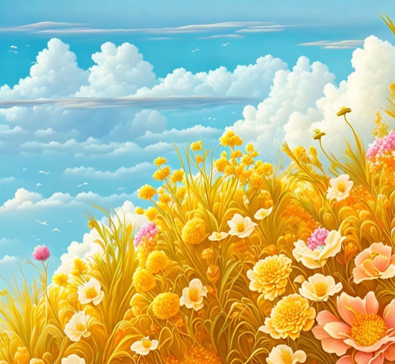 Bright Meadow Scene with Yellow Flowers and Blue Sky