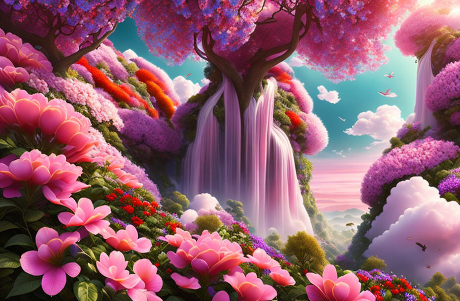 Colorful landscape with waterfall, lush flora, birds, and pink sky