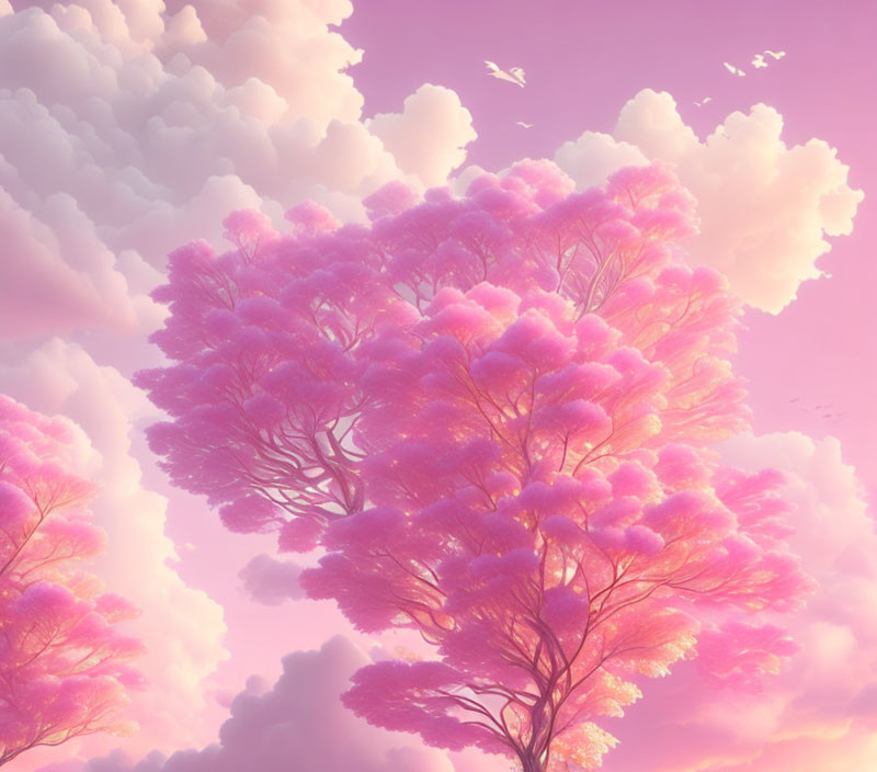 Pastel sky with pink tree-shaped clouds and flock of birds