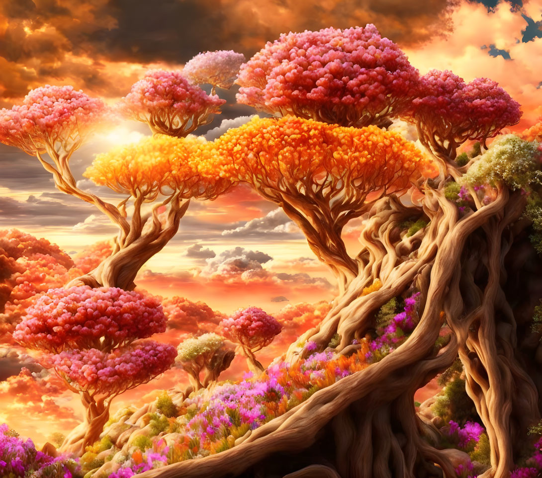 Colorful Fantasy Landscape with Twisted Trees and Sunset Sky