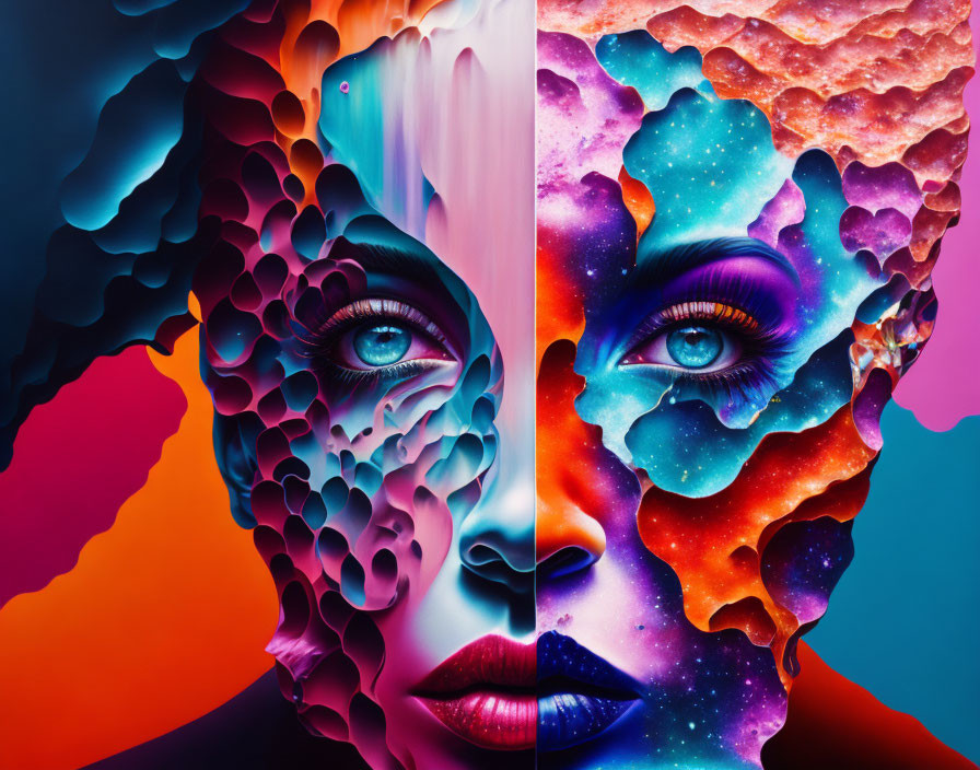 Digital artwork: Honeycomb and cosmic faces merge in vibrant colors