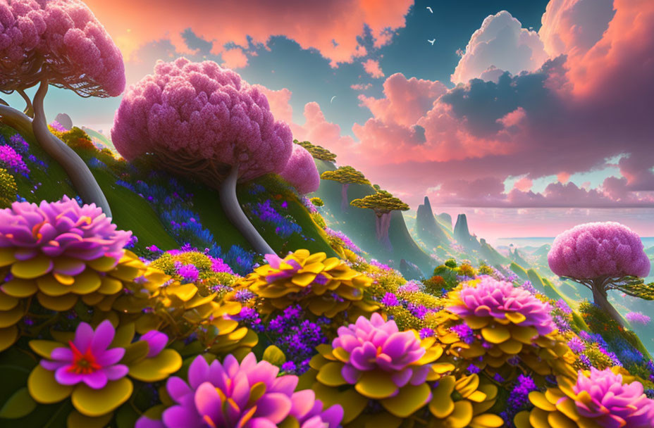 Colorful sunset landscape with pink and purple flora and fantastical trees