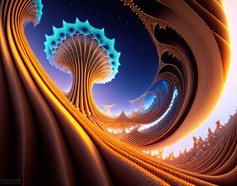 Intricate fractal image with warm spiral shells and blue bioluminescent center.