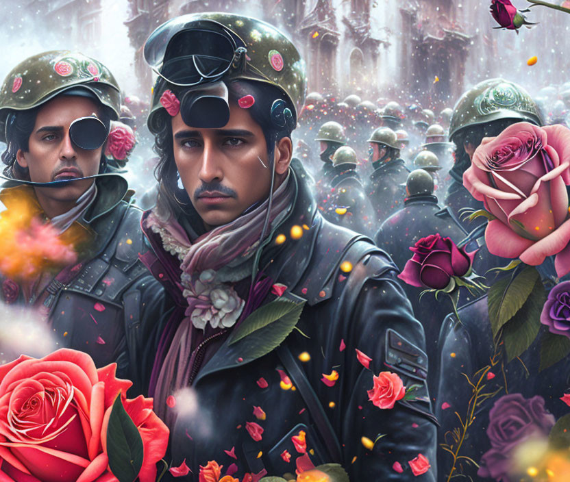 Vintage soldiers in goggles amidst ethereal setting with vivid roses