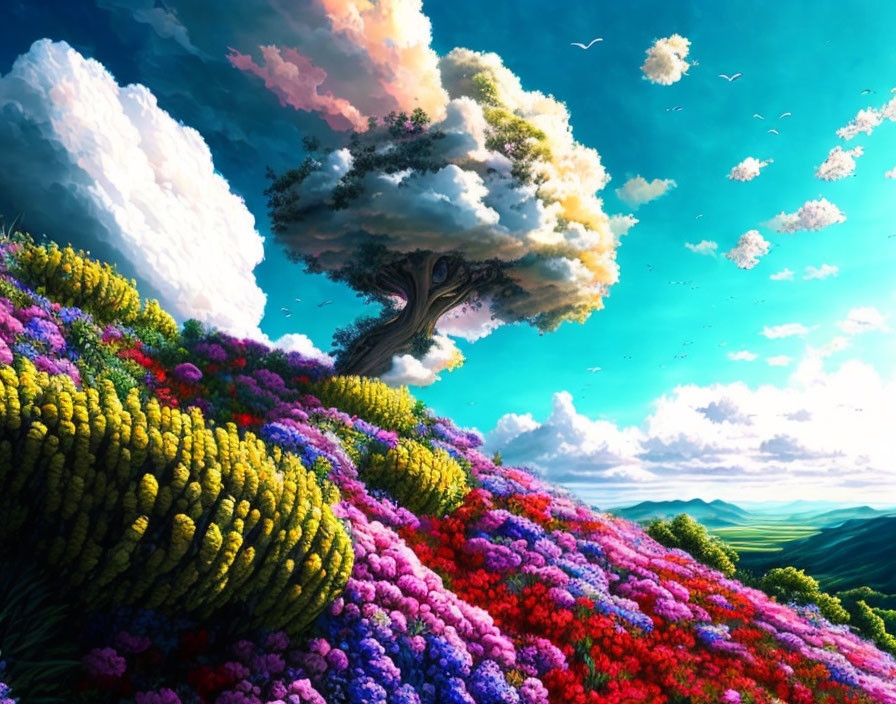 Colorful surreal landscape with blending tree canopy and vibrant flowers