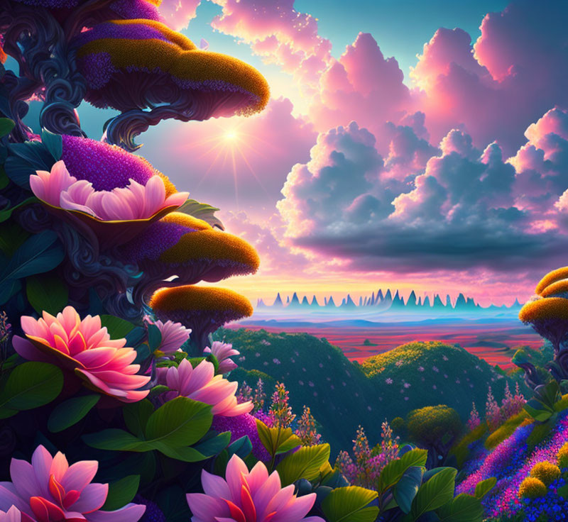 Colorful fantasy landscape with oversized flowers, green hills, radiant sun, and distant mountains