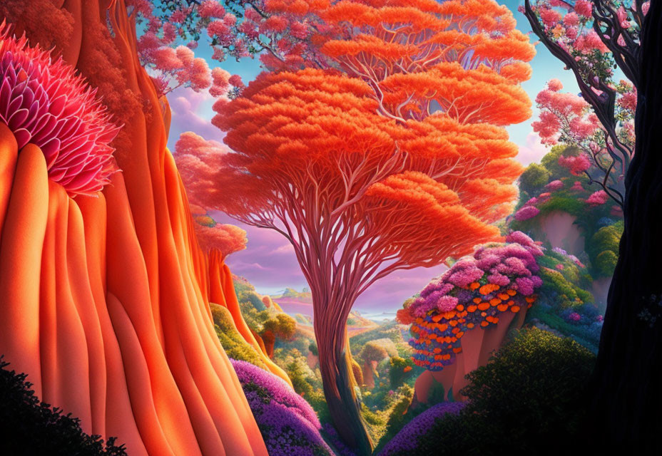 Colorful fantasy landscape with oversized pink and orange flora and lush trees