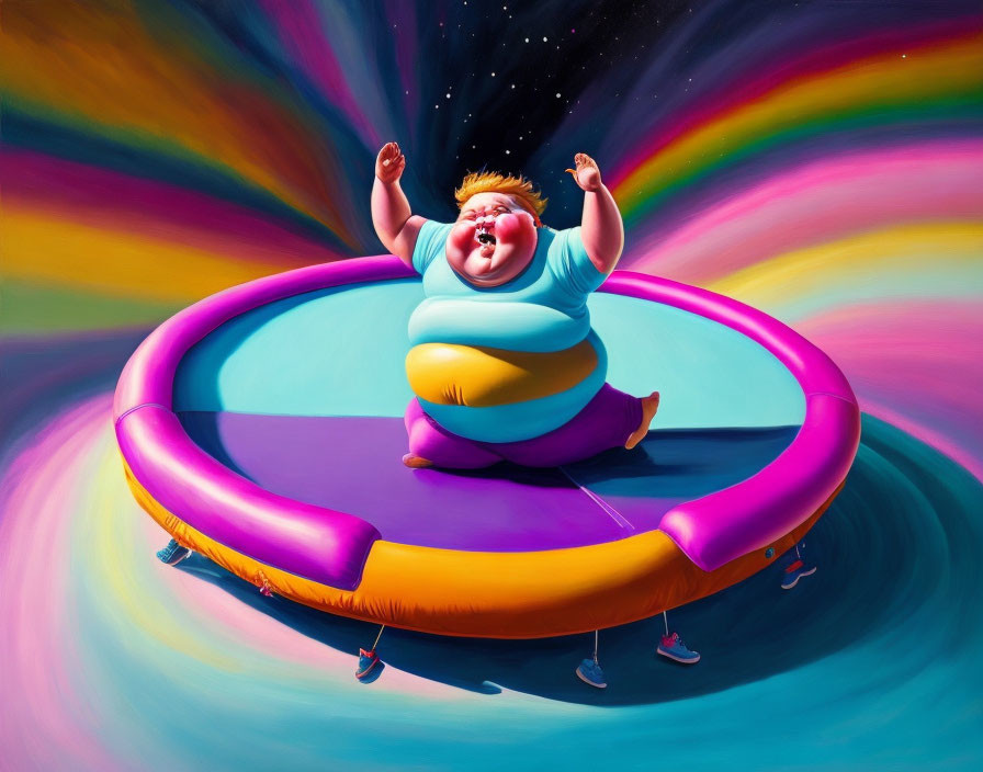 Vibrant illustration: blonde child on purple trampoline under rainbow sky