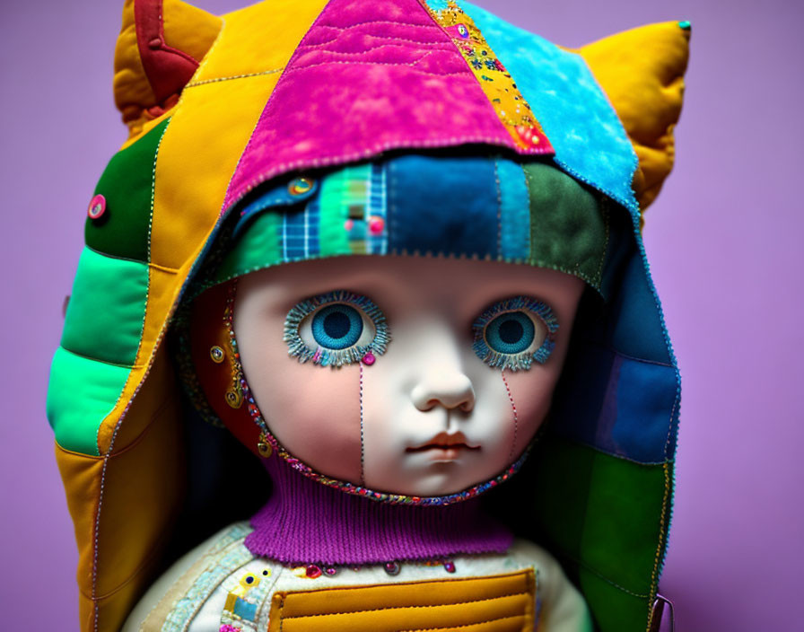 Colorful Cloth Doll with Blue Eyes and Patchwork Hat on Purple Background