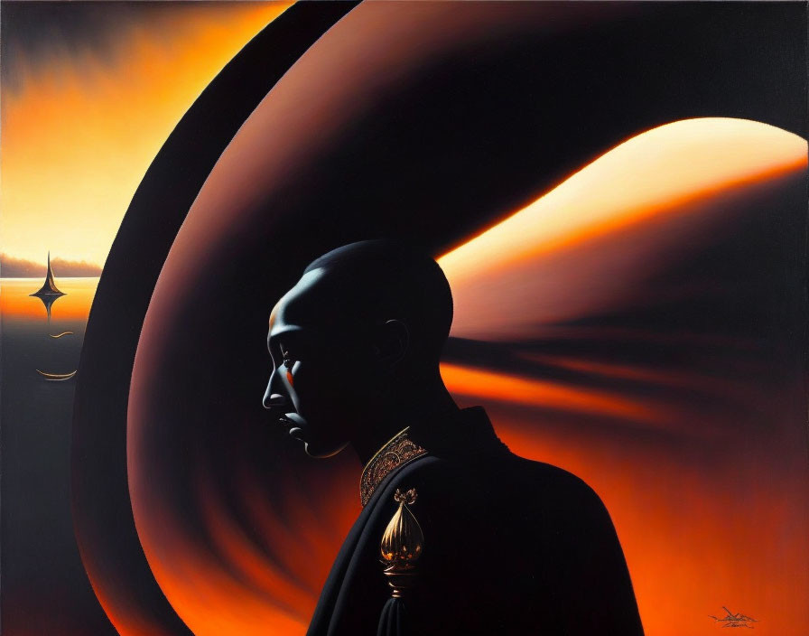 Surreal painting of bald person with swirling hat on fiery background