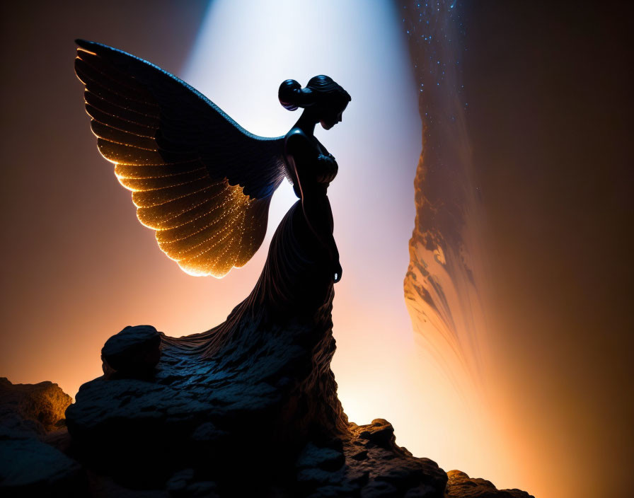 Winged figurine silhouette on rocky surface with warm backdrop