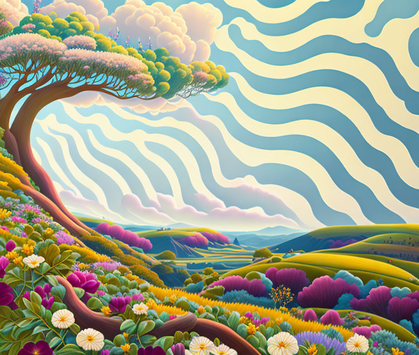 Colorful Stylized Landscape with Tree, Hills, and Sky