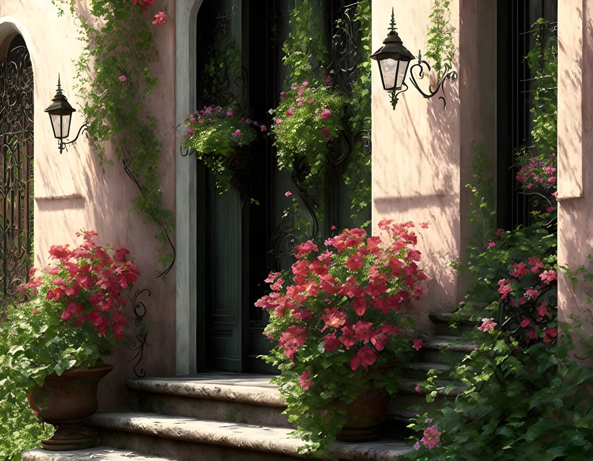 Stone steps, black door, pink flowers, green vines, lantern on stucco wall