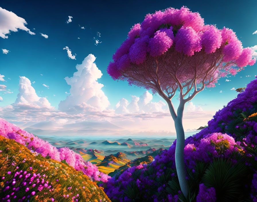 Colorful Landscape with Purple Blossom Tree and Rolling Hills