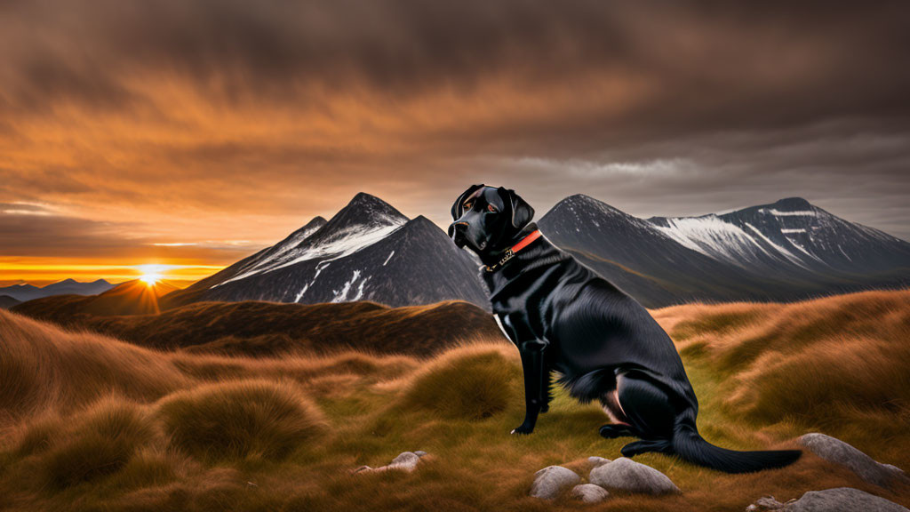 Black Dog Against Dramatic Sunset with Snow-Capped Mountains