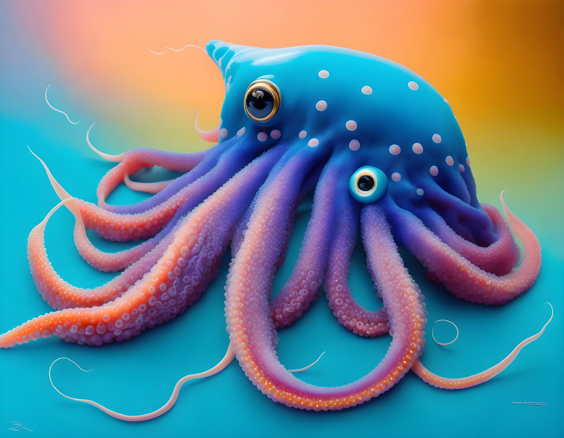 Colorful digital artwork: Blue octopus with purple tentacles on vibrant background