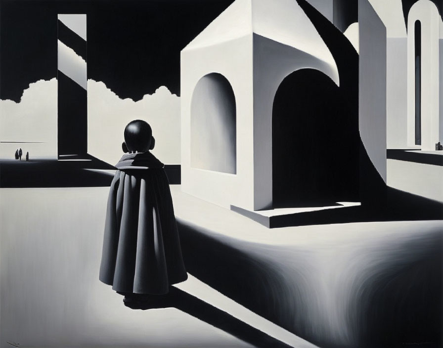 Monochromatic surrealist painting: Robed figure, geometric landscape