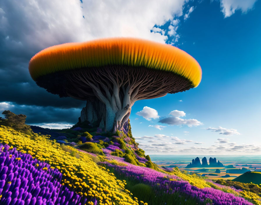 Vibrant flower fields and giant mushroom tree in fantasy landscape