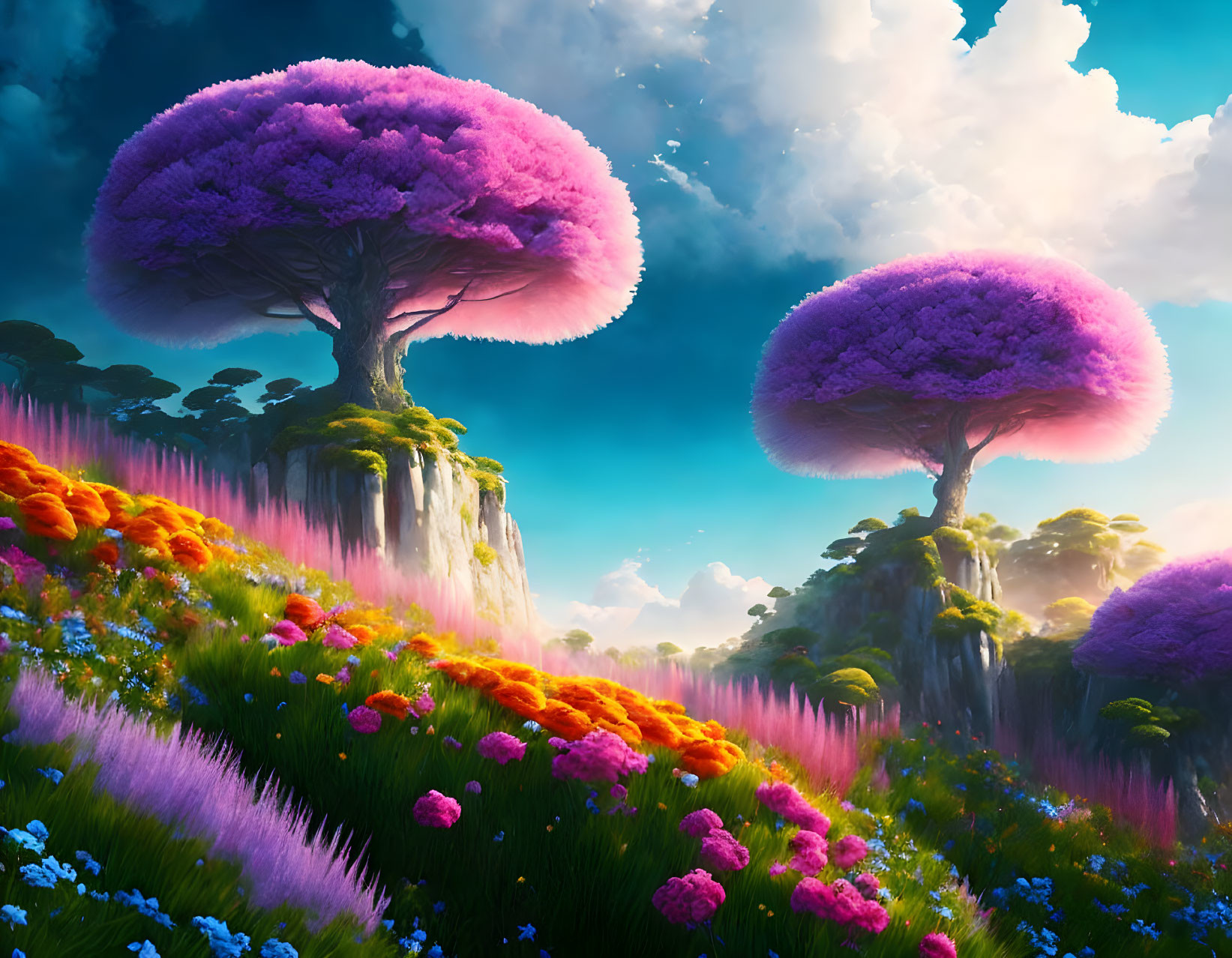 Colorful fantasy landscape with pink-topped trees on floating islands