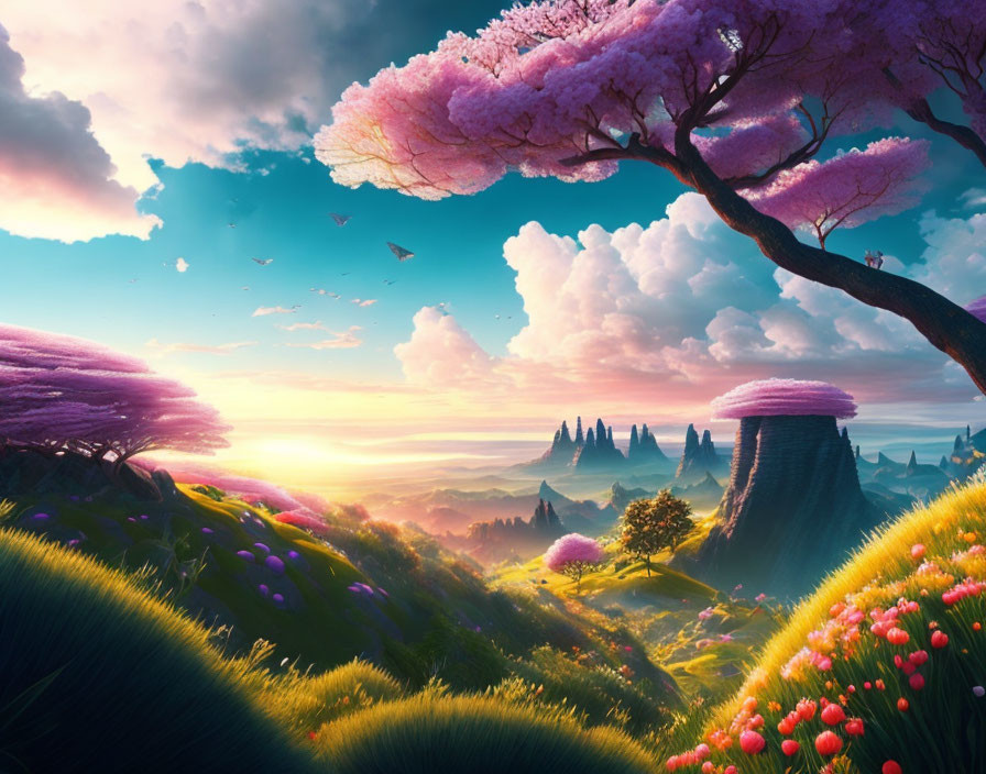 Scenic landscape with pink blossoming trees, lush hills, sunrise, flying birds, and colorful flora