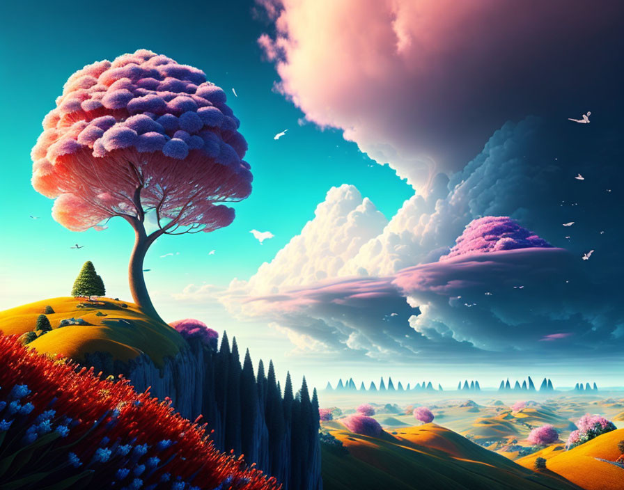 Colorful surreal landscape with pink-hued tree and cloud formations