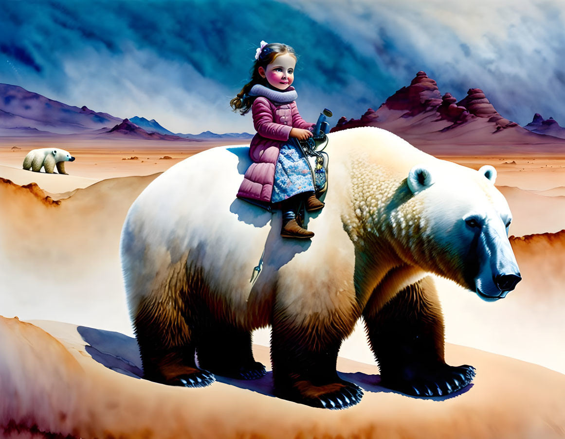 Young girl in winter clothes rides polar bear in surreal desert with another bear