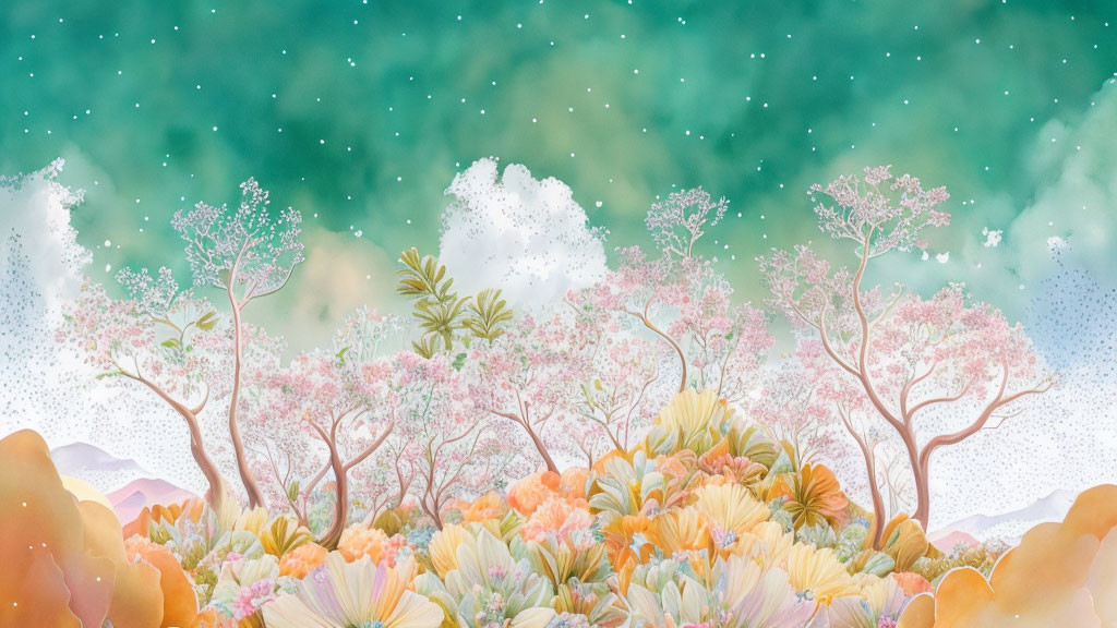 Colorful Cherry Blossom Garden Illustration with Starry Sky