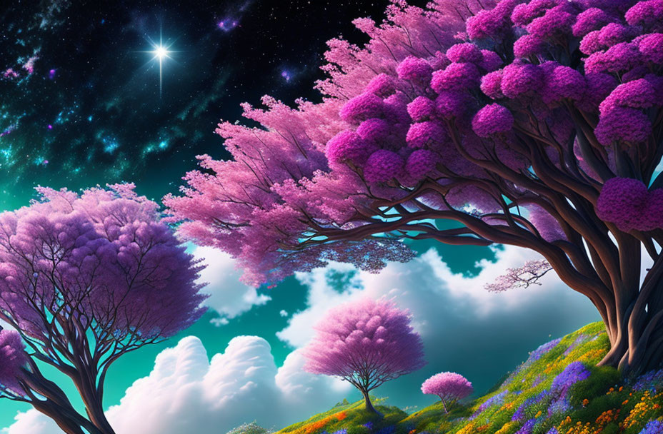 Vibrant fantasy landscape: purple foliage, starry night to bright blue day