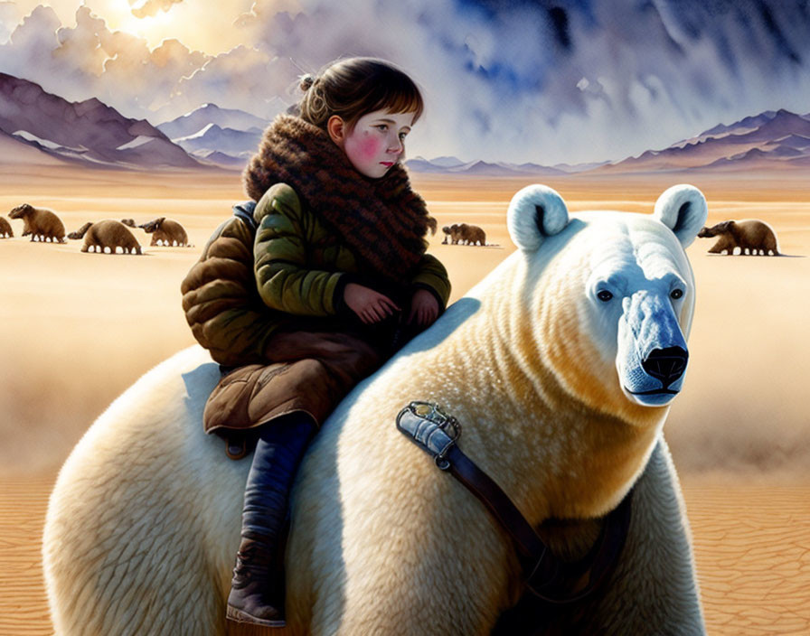 Girl in warm clothes rides polar bear in barren landscape with bison and stormy skies