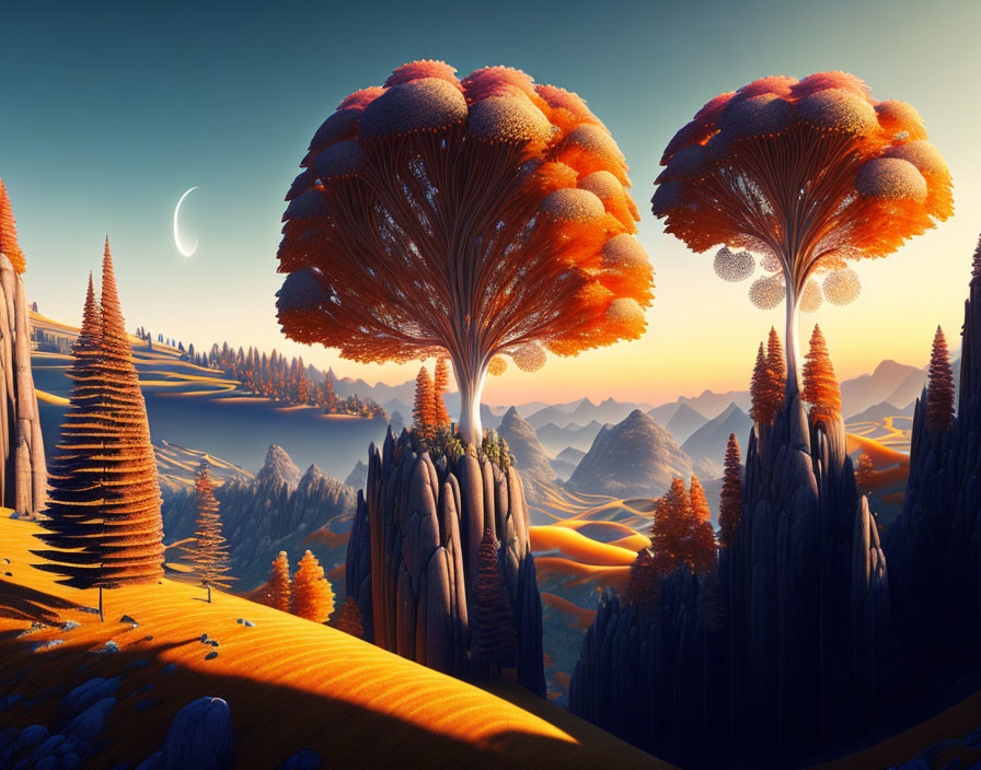 Surreal landscape with mushroom-like trees, coniferous forests, golden hills, and crescent