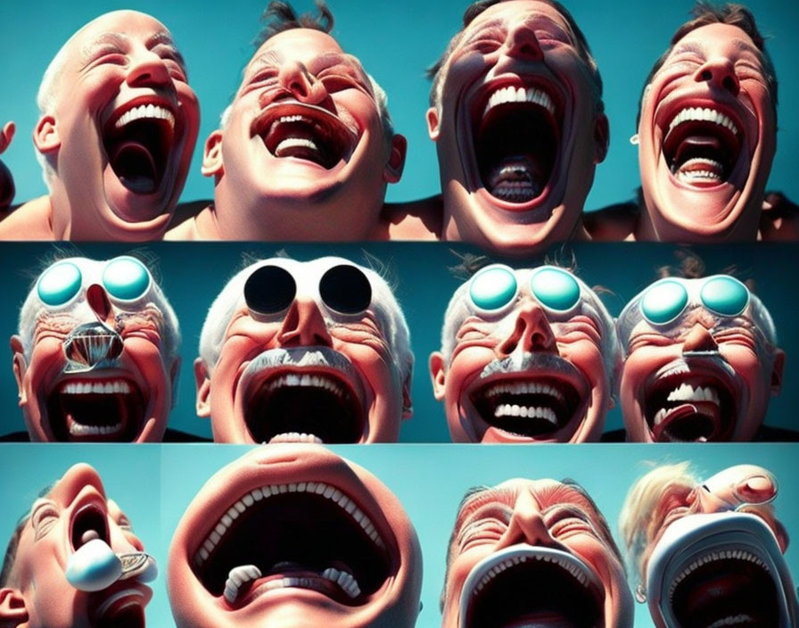 Exaggerated laughter faces with round sunglasses on blue background