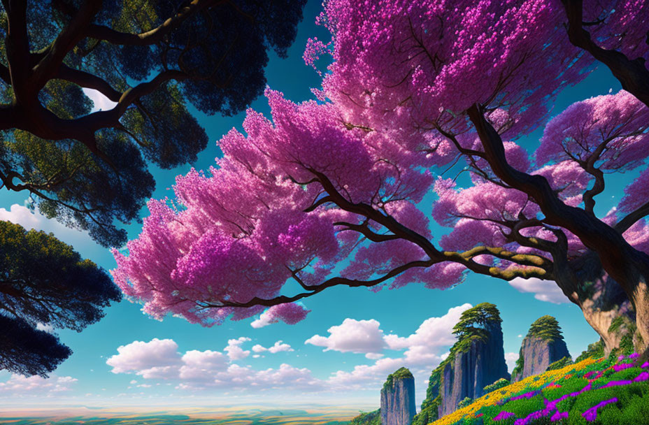 Scenic landscape with purple cherry blossom trees and towering cliffs