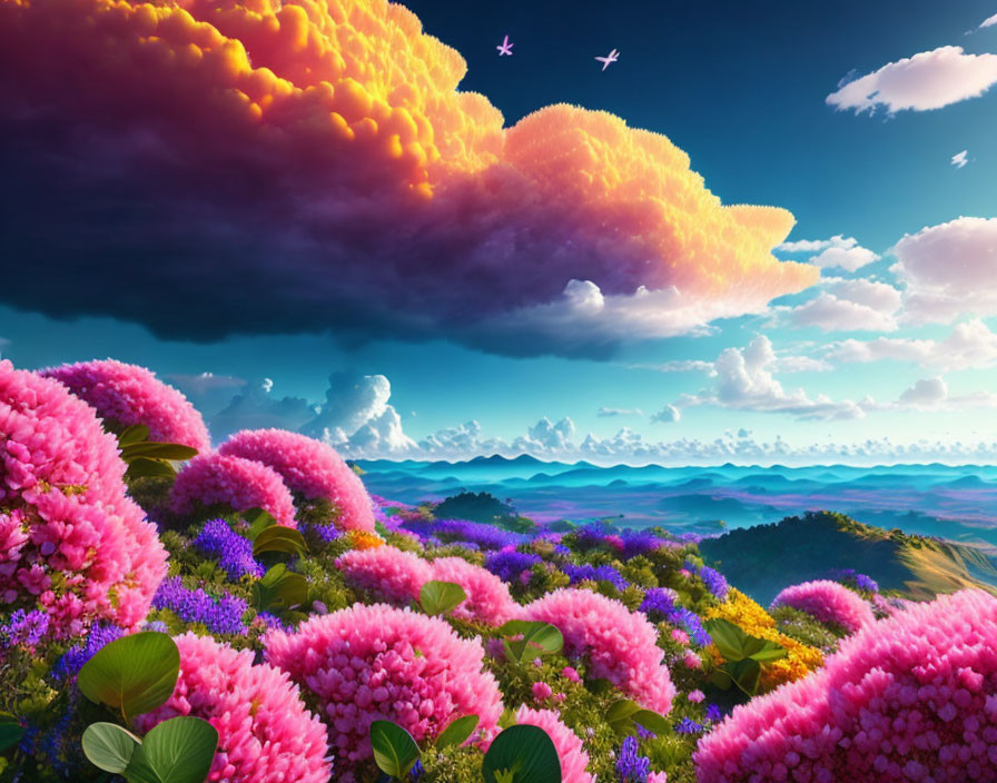 Colorful landscape with pink and purple flowers, dramatic orange cloud, and soaring birds