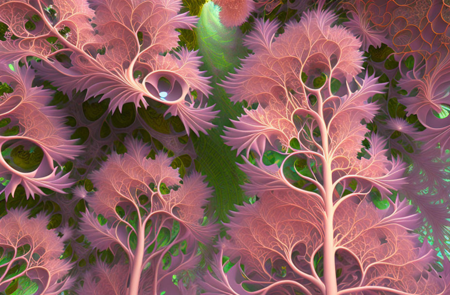 Fractal image: Lush forest with pink and green leaf-like patterns