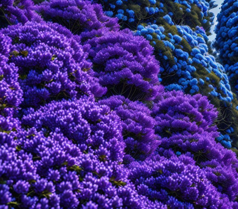 Purple and Blue Flowers in Dense, Lush Floral Scene